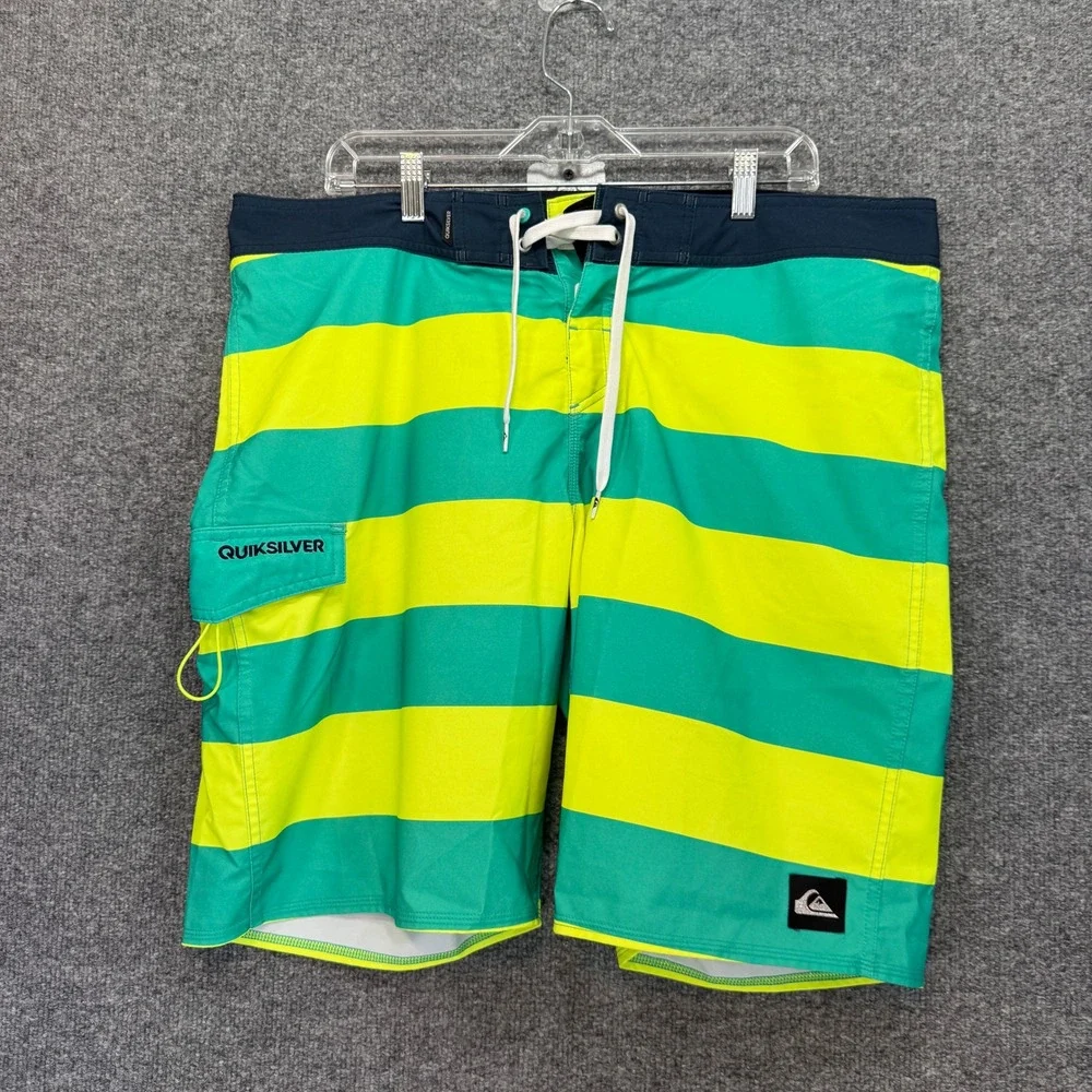 Quiksilver Board Shorts Men 38 Green Yellow Stripe Cargo Pocket Surf Swim Trunks